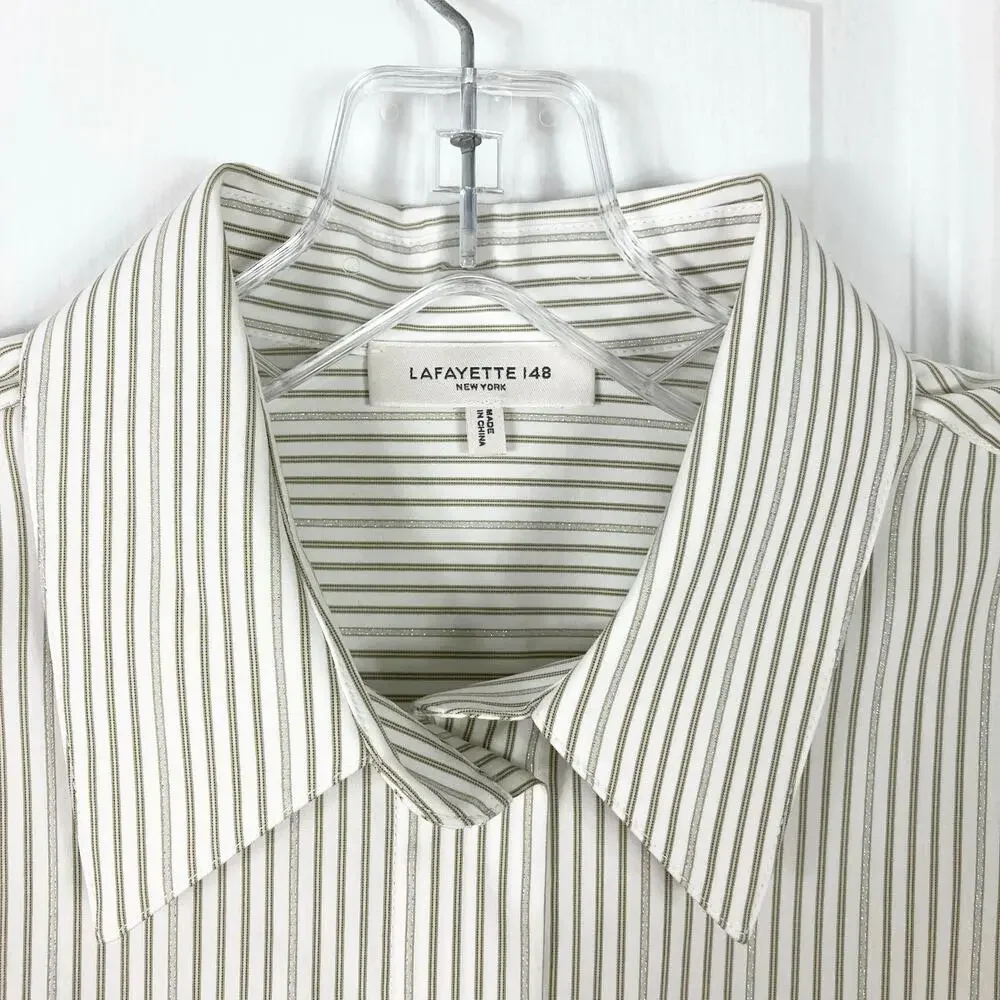 NWOT LAFAYETTE 148 Top S Stripe White Silver Crochet Button-Up Long-Slev”Greyson - Picture 10 of 16